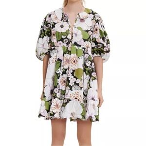 Maje Sz 40 / US L Dress Rafleur Puff Sleeve 70’s  White Green Purple Mini Summer